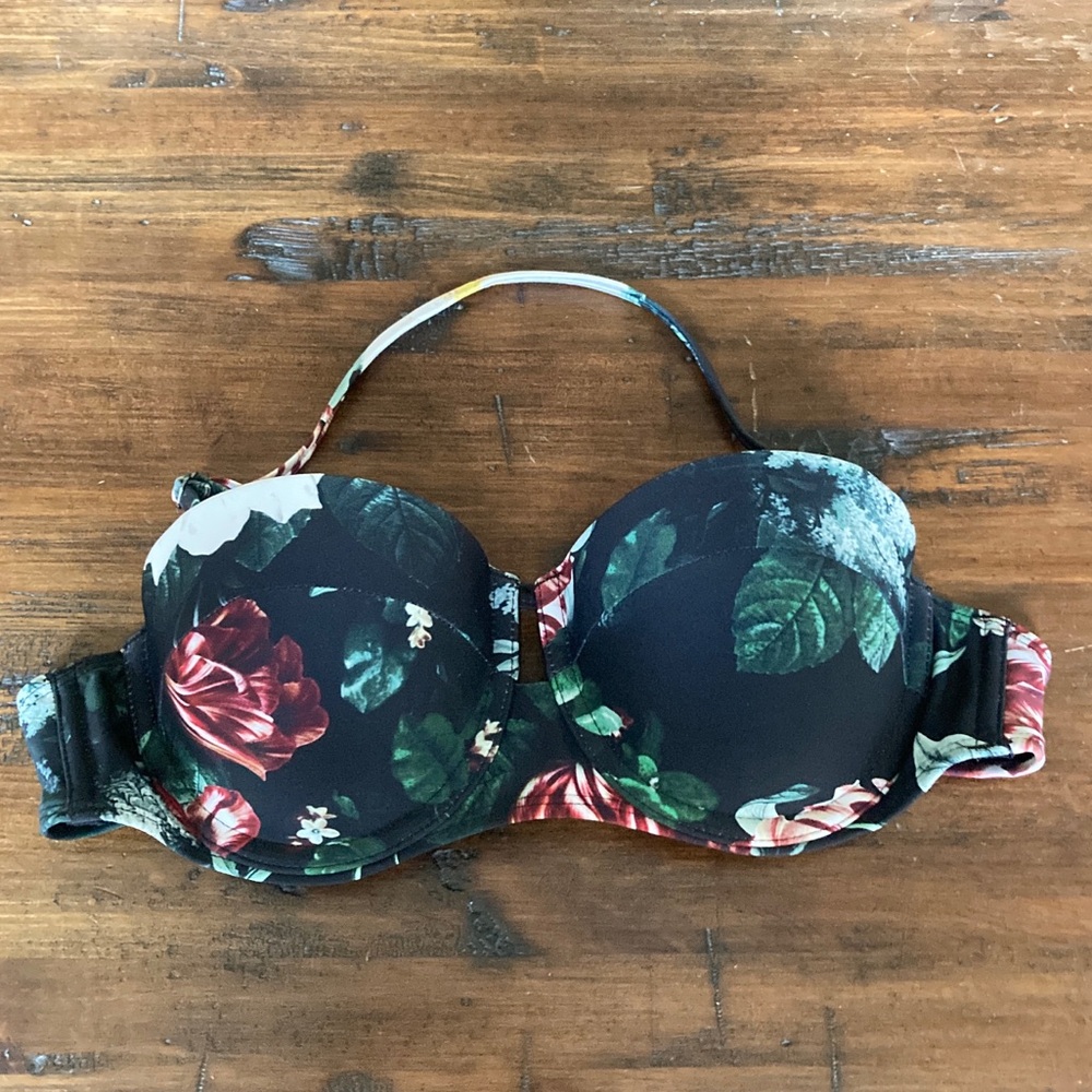 Rachel Zoe Black Floral Strapless Bikini Top Size XS